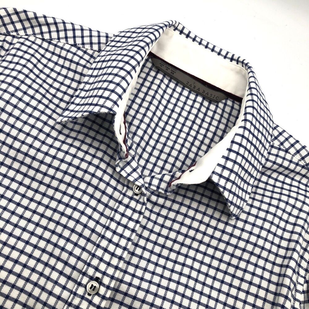 Zara Basic Button Up Long Sleeve Fitted Shirt Blue Check Size Medium Casual Work